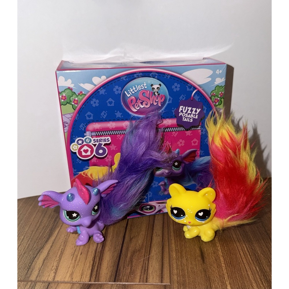 Littlest Pet Shop Fuzzy Tails Purple Pet Pairs #487 Dragon #488 Cat G7 S6 LPS